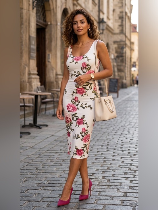 Popular Basics Dresses & Skirts - Popular Basics White Midi  Dress with Pink Rose Print and back zipper Medium